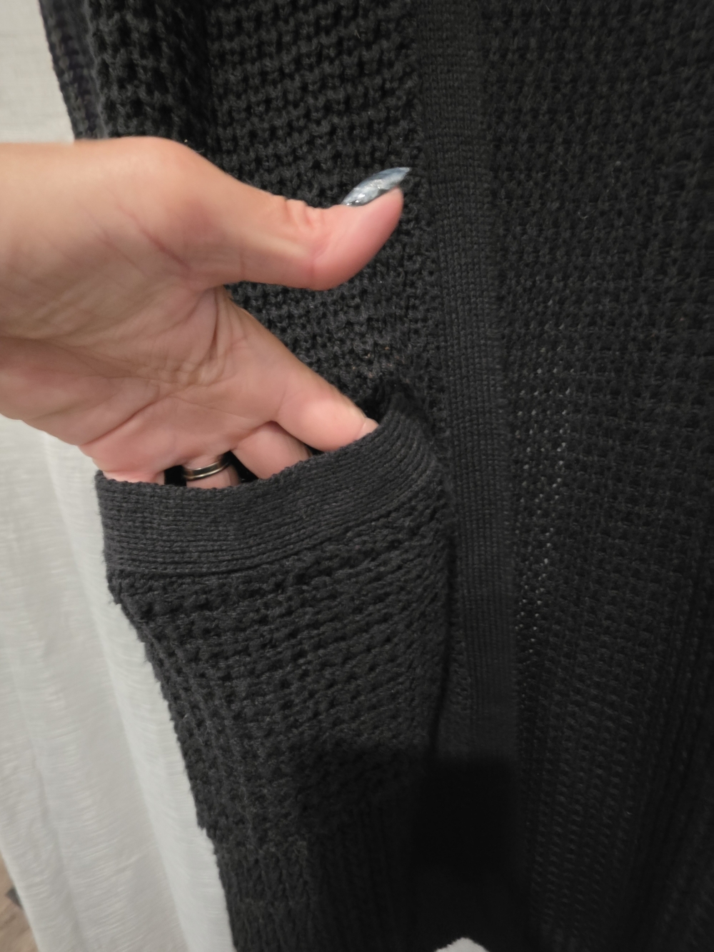 ReVamped Black Knitted Long Cardigan - Open Front Cozy Layer - Picture 3 of 6